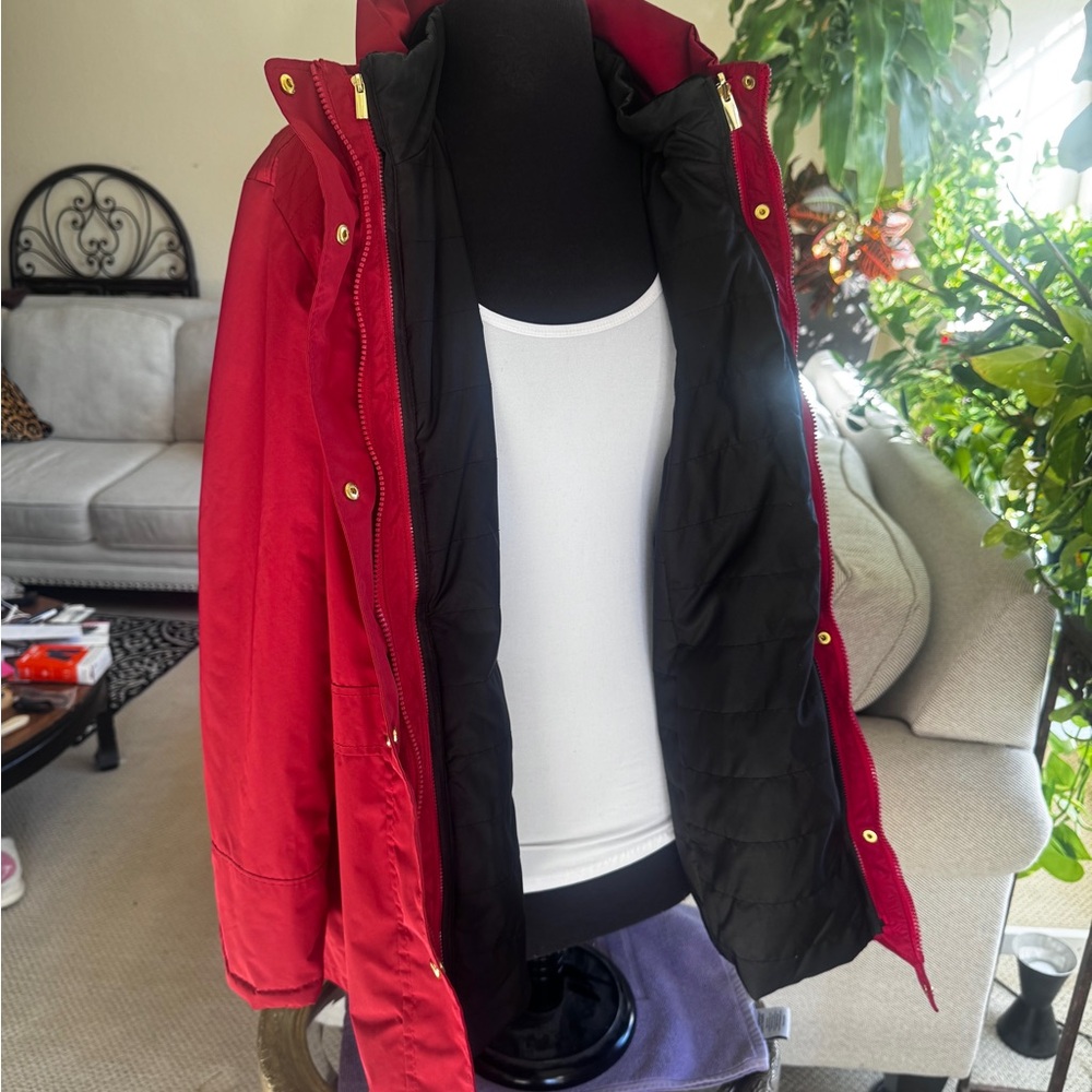 Susan Graver Red Water-Resistant Quilted Jacket with Gold Snaps and zippers